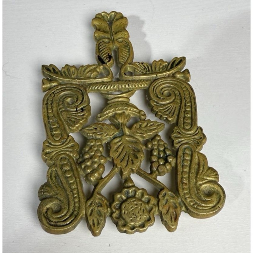Vintage‎ Solid Brass Trivet Heavy Ornate Footed Square With Handle